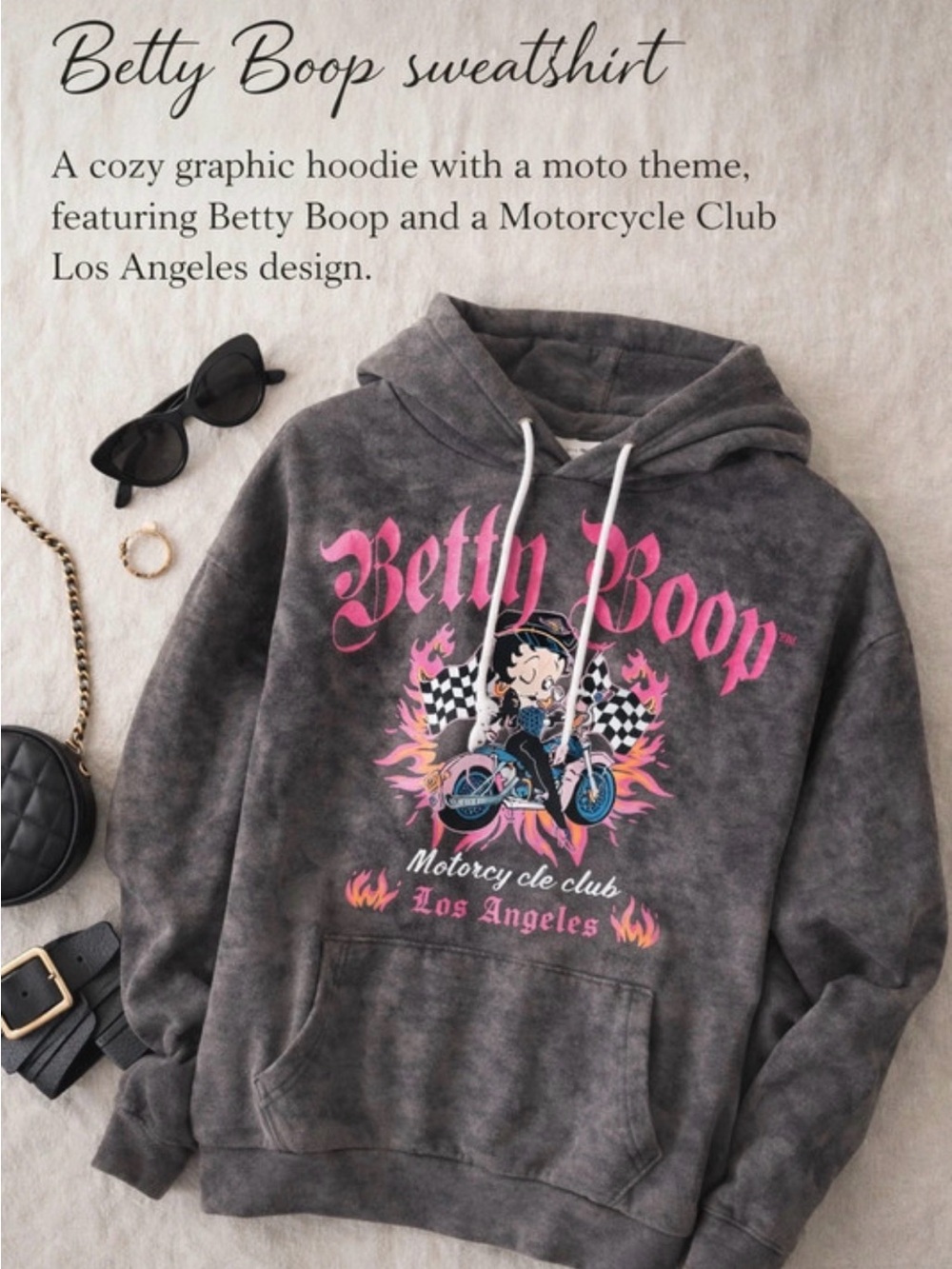 Betty Boop Charcoal Hoodie with Pink and Blue Moto Graphic
